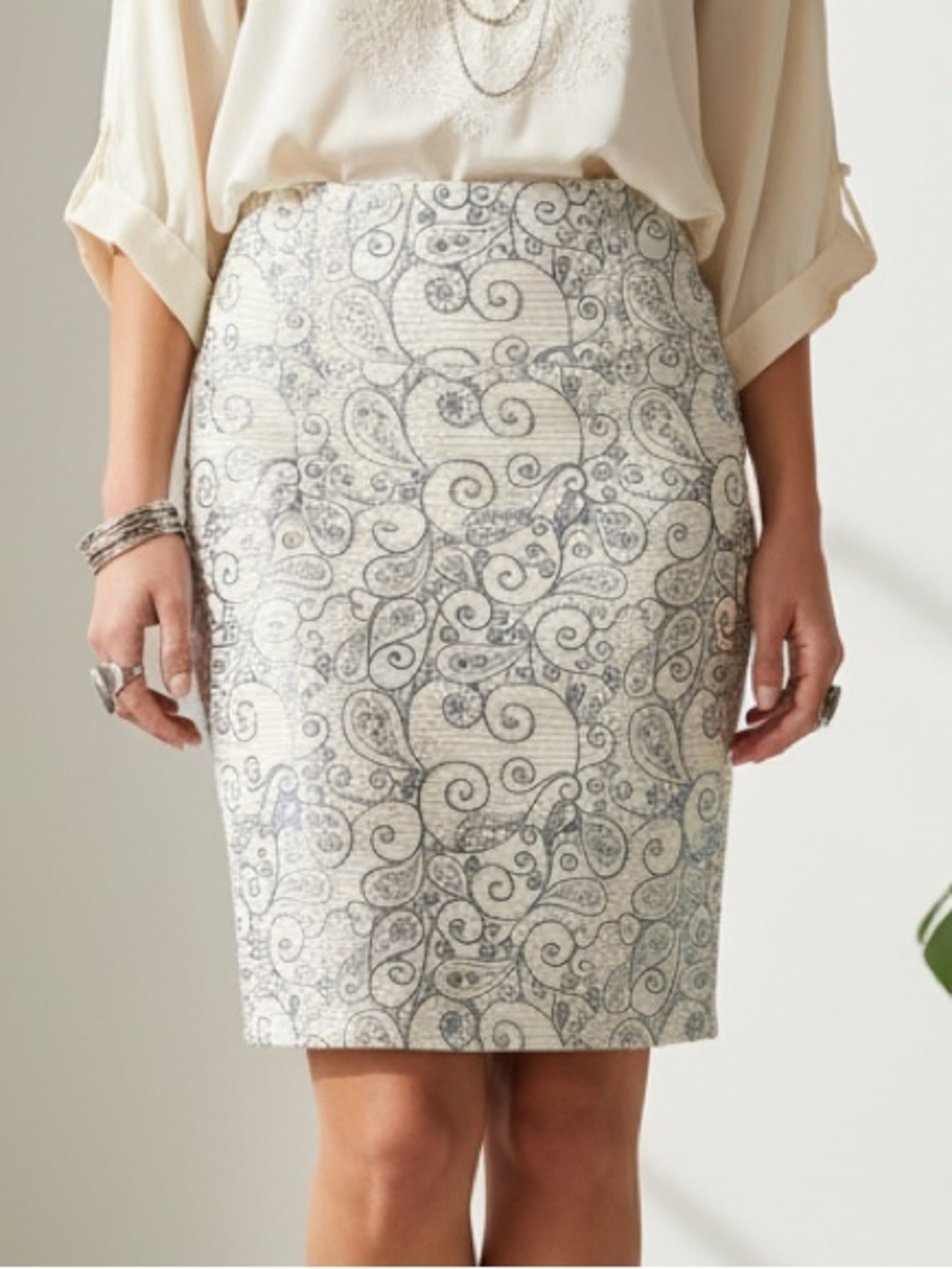 LuLaRoe Cassie Pencil Skirt • Vintage • Rare Print • White Iridescent Paisley